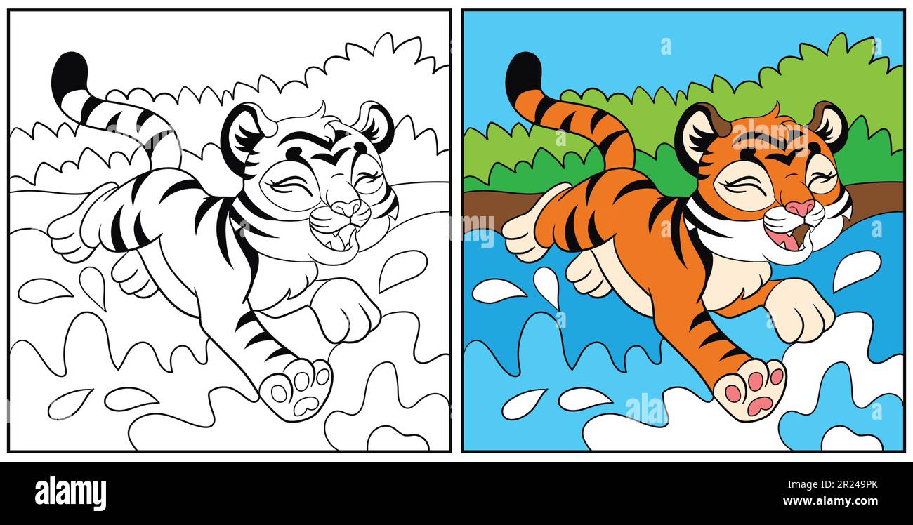 Mignon joyeux tigre saute dans l'eau. Illustration de dessin animé vectoriel. Page de coloriage pour enfants avec un échantillon de couleur. Pour l'impression, le design, l'affiche, l'autocollant, la carte, de Illustration de Vecteur