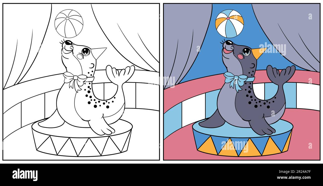 Joli joint bleu marine avec une balle dans le cirque. Illustration de dessin animé vectoriel. Page de coloriage pour enfants avec un échantillon de couleur. Pour l'impression, le design, l'autocollant, la carte, la décoration Illustration de Vecteur