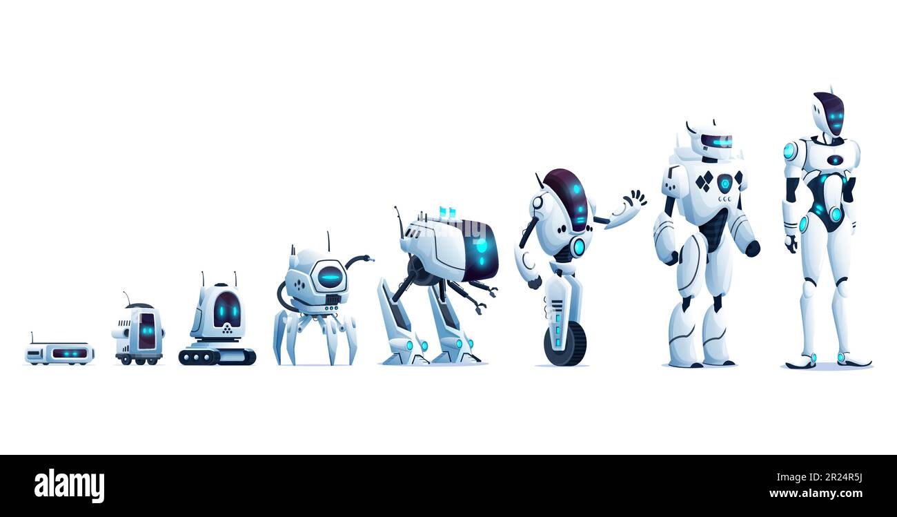 Robots évolution dans la technologie de l'intelligence artificielle,  personnages vectoriels. Évolution des robots, technologie numérique et  innovation future, progrès des robots informatiques d'IA, développement de  cyber android ou cyborg droids Image ...