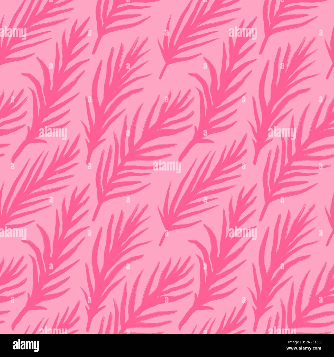 Motif sans couture dessiné à la main avec feuilles de palmier roses Monstera, imprimé beige bébé fille. Jungle tropicale vacances design, mignonne été plante nature Banque D'Images