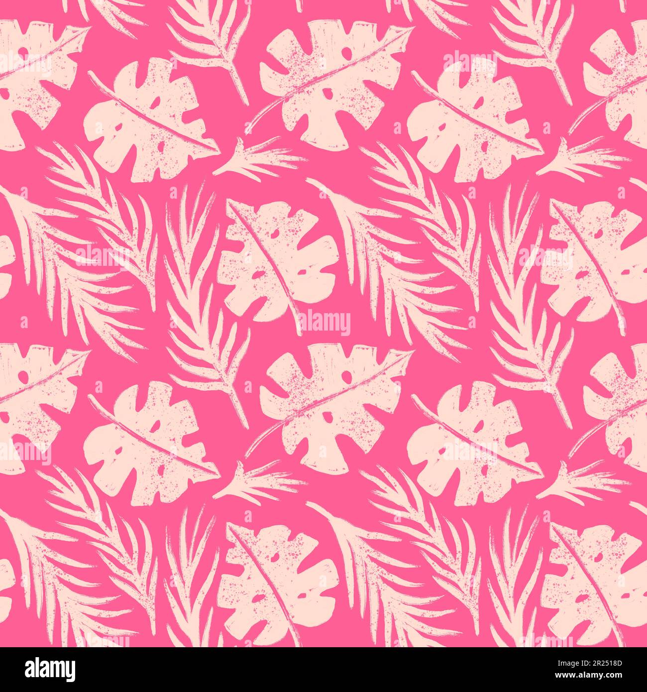 Motif sans couture dessiné à la main avec feuilles de palmier roses Monstera, imprimé beige bébé fille. Jungle tropicale vacances design, mignonne été plante nature Banque D'Images