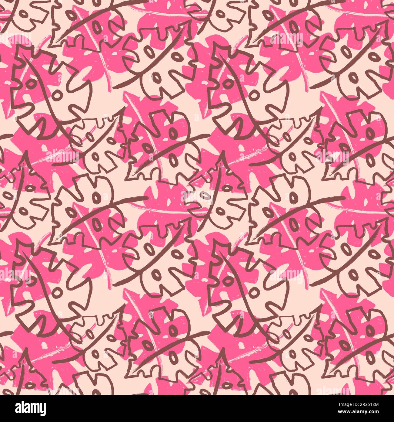 Motif sans couture dessiné à la main avec feuilles de palmier roses Monstera, imprimé beige bébé fille. Jungle tropicale vacances design, mignonne été plante nature Banque D'Images