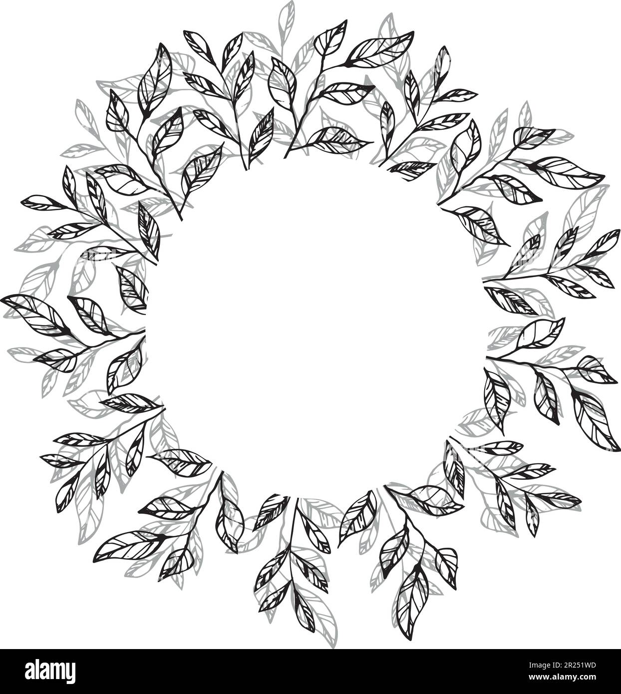 Cadre vectoriel avec feuilles d'encre dans le style d'esquisse. Clipart isolé sans arrière-plan. Illustration de la nature botanique. Modèle de mariage, vierge pour Illustration de Vecteur