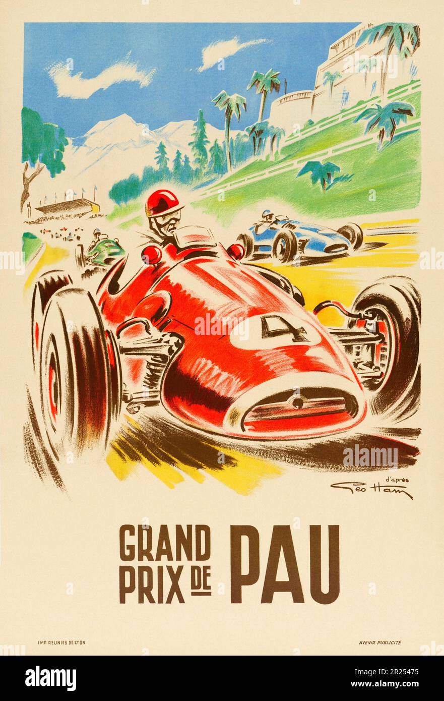 Grand Prix de Pau par Géo Ham (Georges Hamel 1900-1972). Affiche publiée en 1950 en France. Banque D'Images