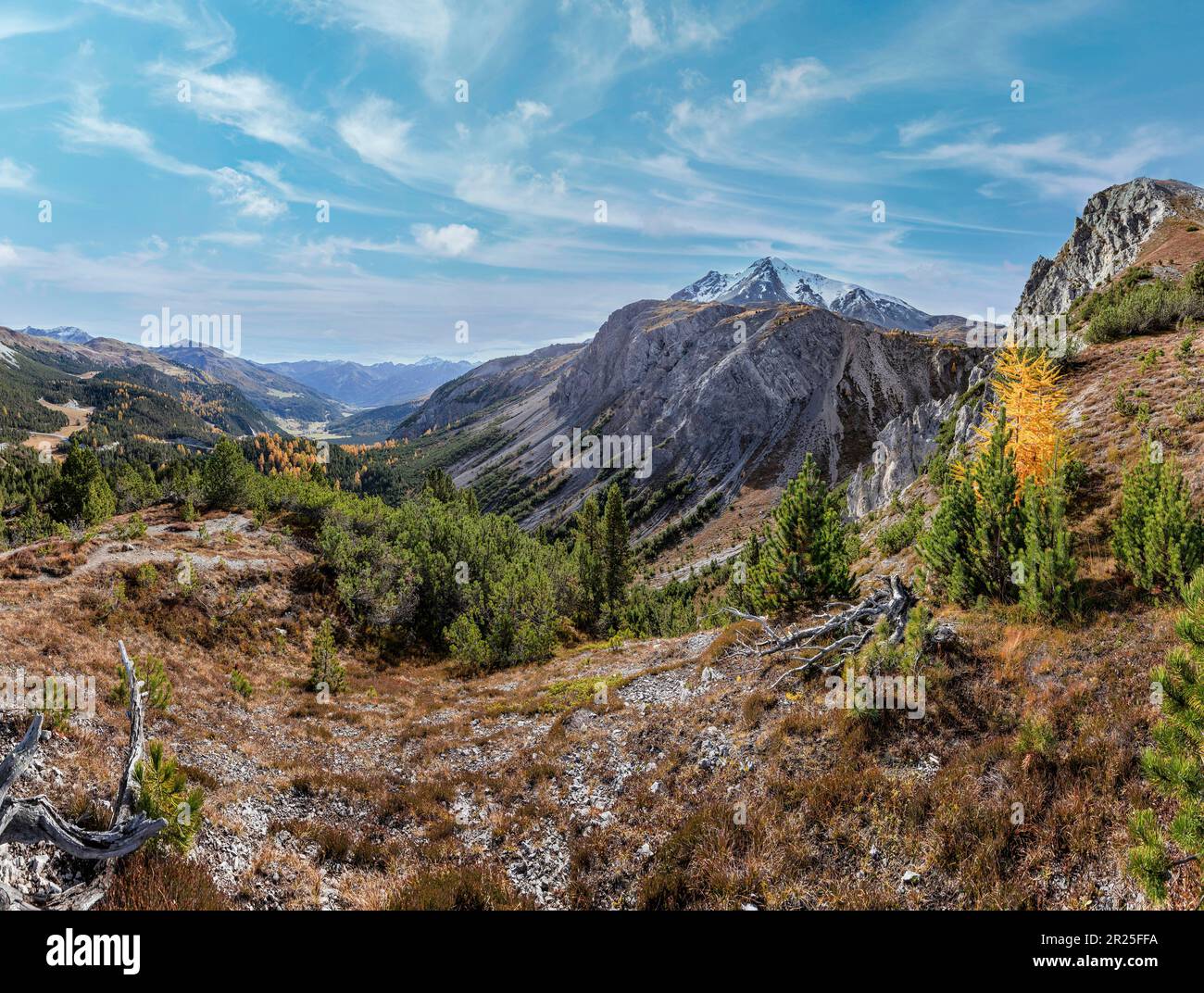 Vue de l'Ofenpass dans le Val Müstair *** Légende locale *** Buffalora, , Suisse, paysage, forêt, bois, arbres, automne, montagnes, collines Banque D'Images