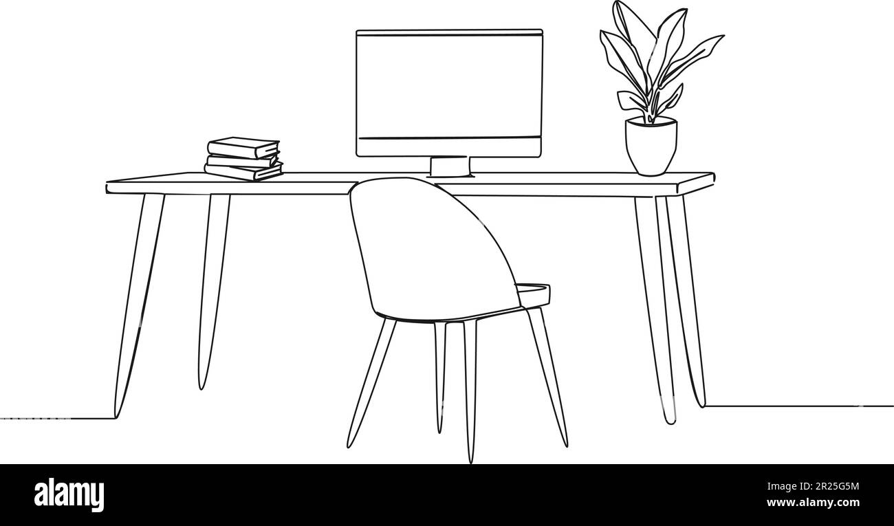 dessin d'une seule ligne de chaise et de bureau avec ordinateur moderne, pile de livres et usine en pot, travaillant à la maison dessin de la ligne art vectoriel illustration Illustration de Vecteur