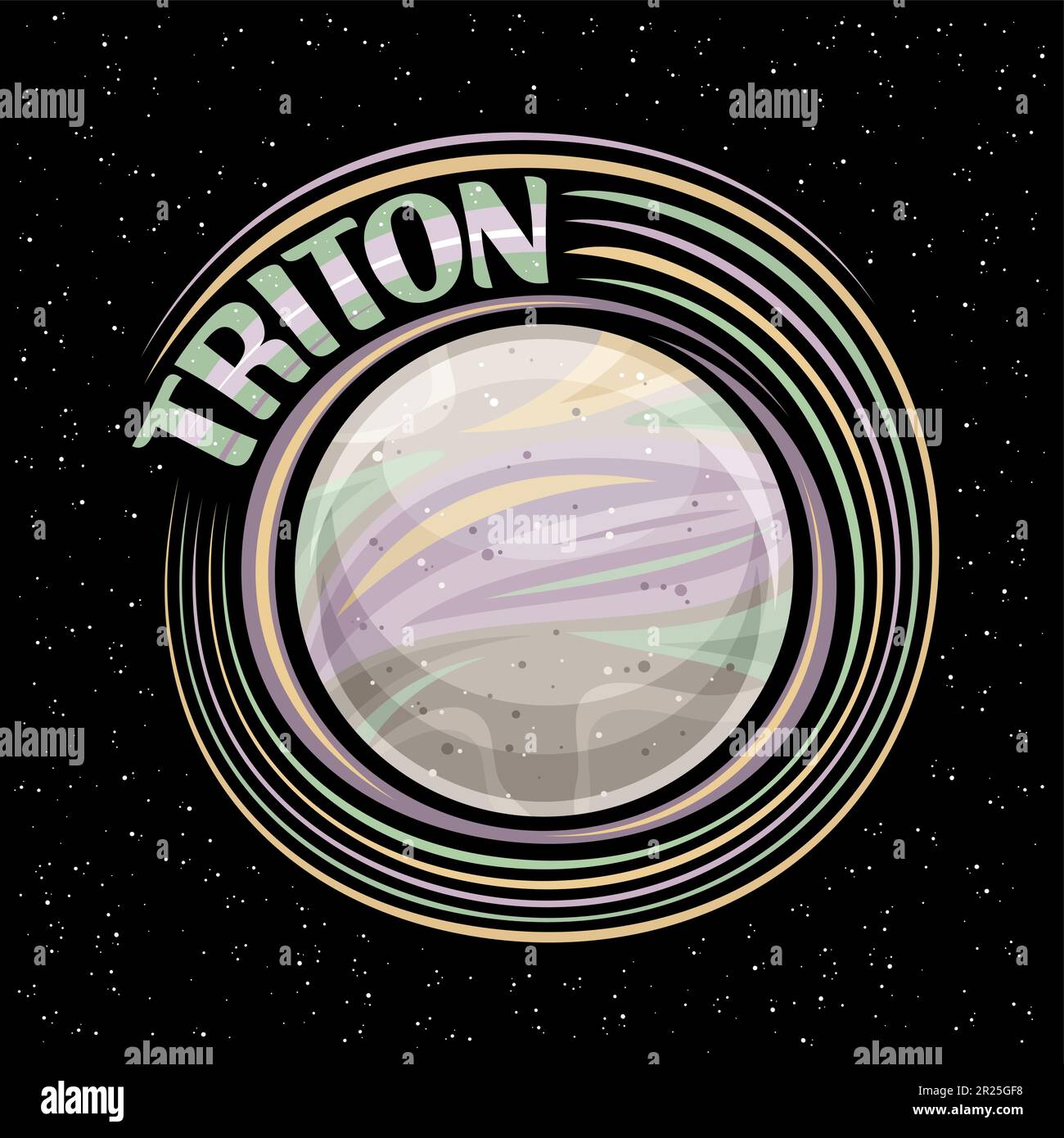 Logo Vector pour Triton Moon, impression fantaisie avec satellite rotatif triton, surface rocheuse avec cratères et volcans, étiquette cosmo avec lettre unique Illustration de Vecteur