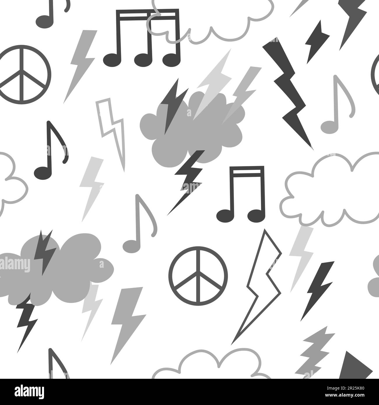 Motif sans couture avec éléments musicaux psychédéliques. Design rétro des icônes de la taille basse. Motif style Doodle. Bande dessinée vintage trippy. Noir blanc Illustration de Vecteur