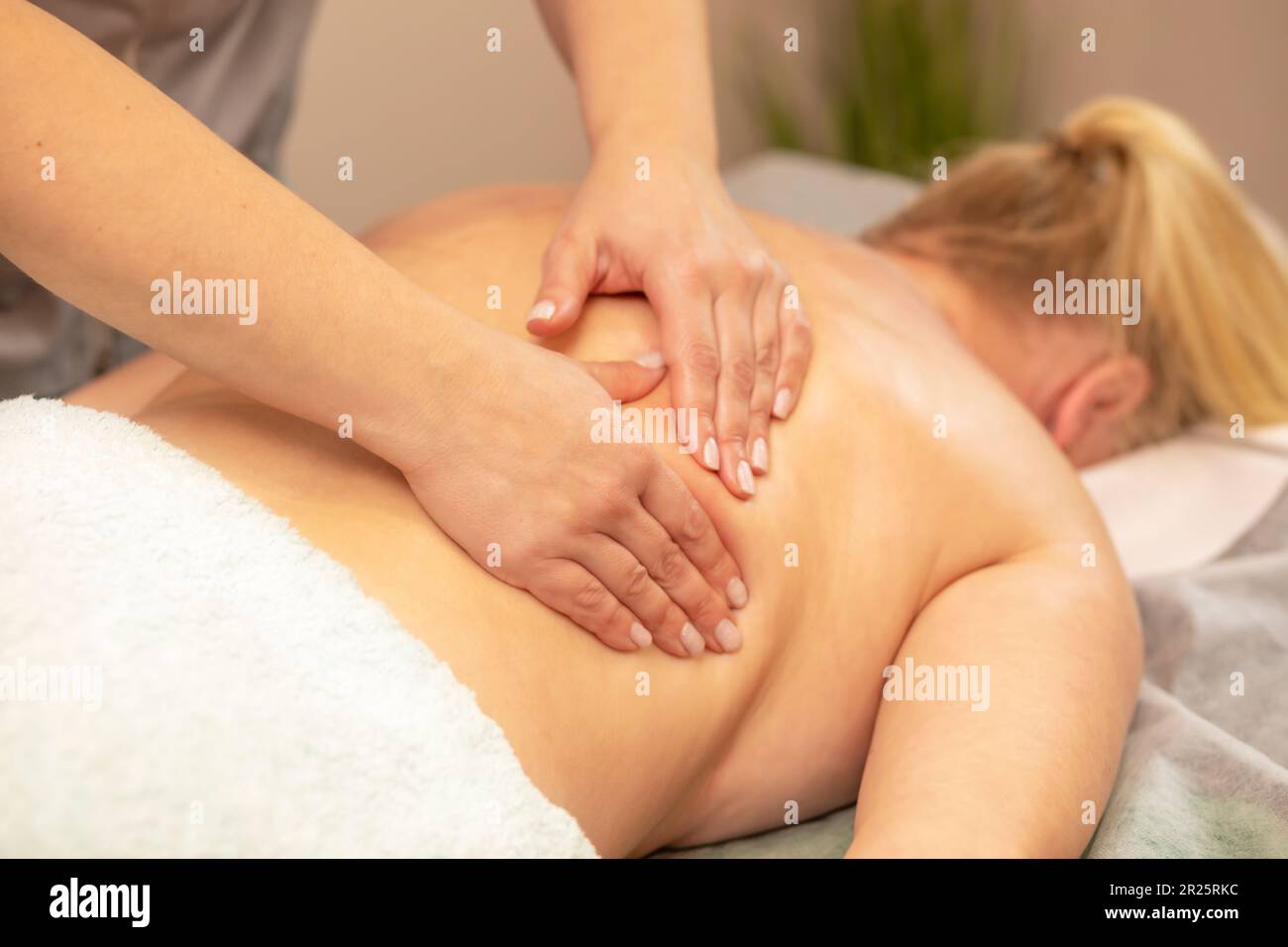 Masseur, thérapeute effectuant un massage thérapeutique professionnel sur le dos de la femme en surpoids, pétrissant les muscles du client dans le salon de spa. Mental, santé Banque D'Images