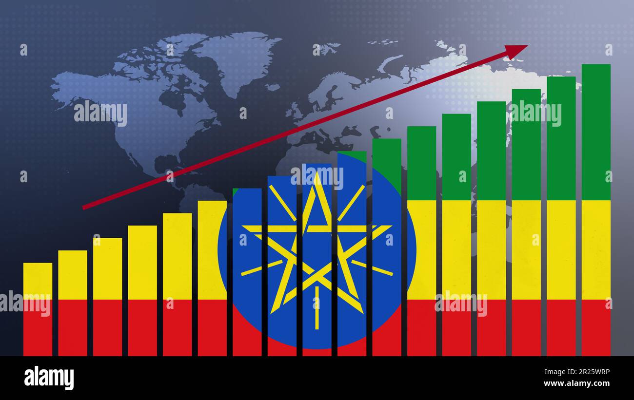 Éthiopie drapeau sur le concept de graphique à barres avec des valeurs croissantes, la reprise économique et l'amélioration des affaires après la crise et d'autres catastrophes comme l'économie et Banque D'Images