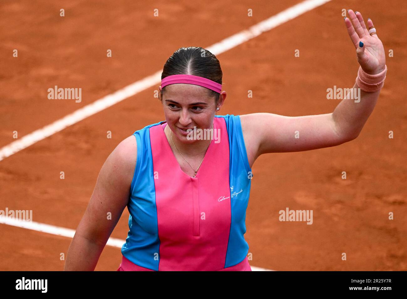 Rome, Italie. 17th mai 2023. Jelena Ostapenko de Lettonie célèbre à la fin de son match contre Paula Badosa d'Espagne au tournoi de tennis Internazionali BNL d'Italia à Foro Italico à Rome, Italie sur 17 mai 2023. Credit: Insidefoto di andrea staccioli/Alamy Live News Banque D'Images