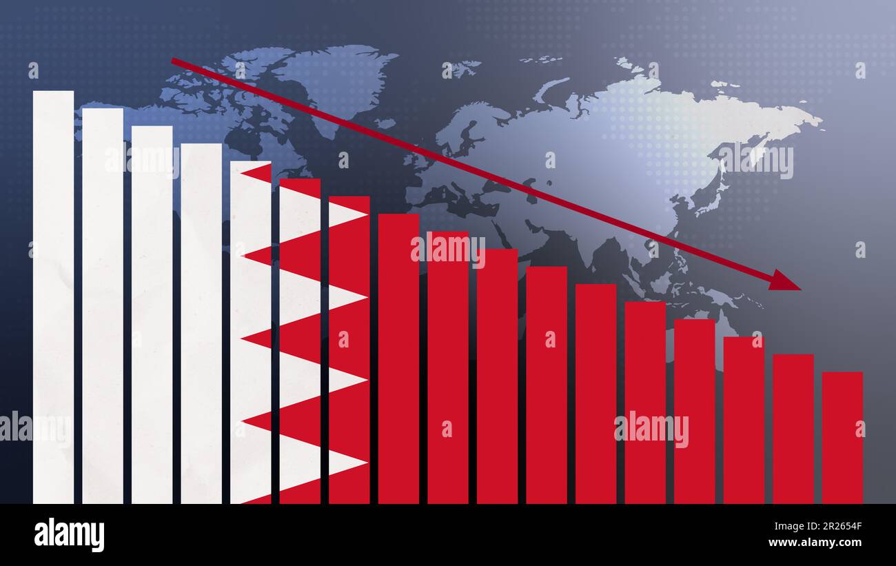 Bahreïn drapeau sur le diagramme à barres concept avec des valeurs décroissantes, concept de crise économique, conflits politiques, concept de guerre avec drapeau Banque D'Images