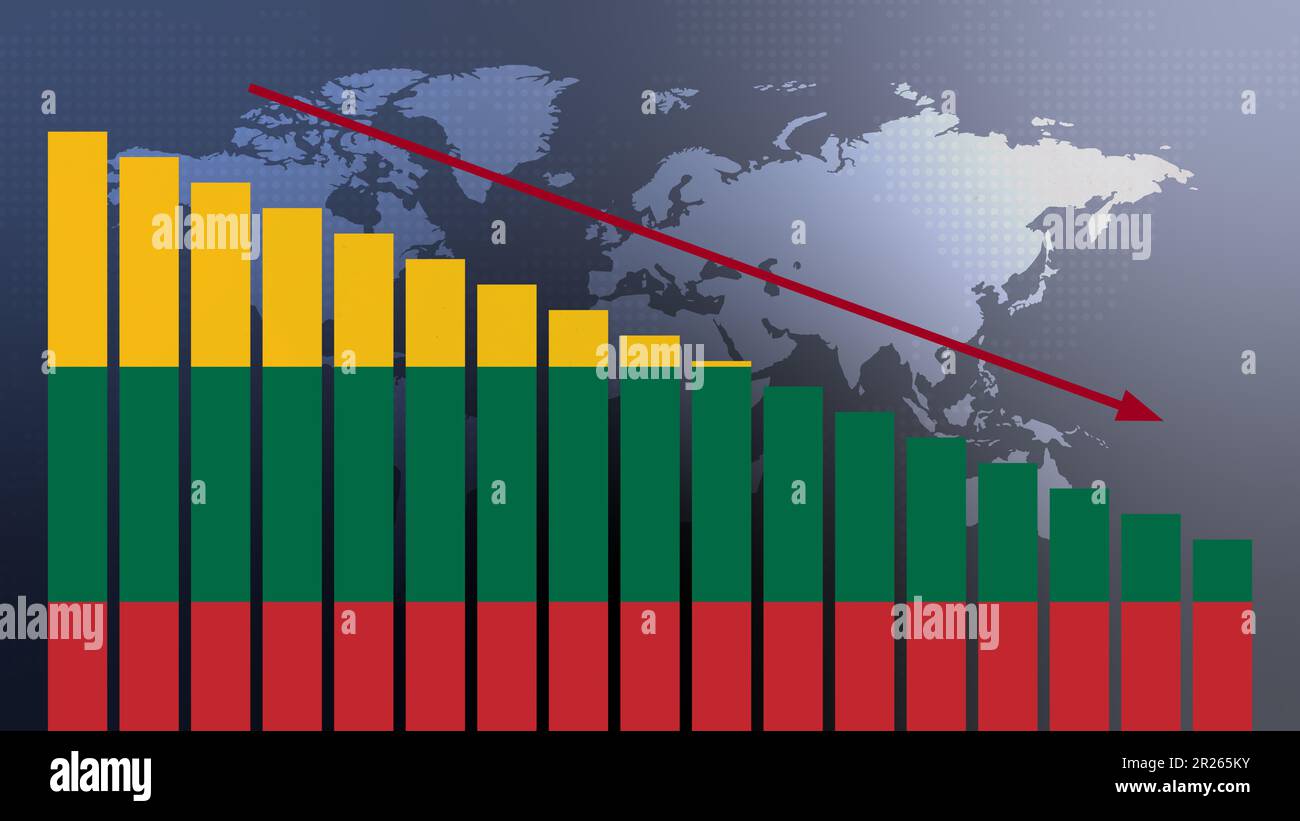 Lituanie drapeau sur le concept de graphique à barres avec des valeurs décroissantes, concept de crise économique, conflits politiques, concept de guerre avec drapeau Banque D'Images