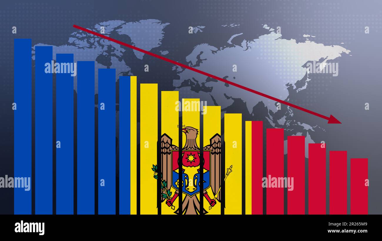 Drapeau de Moldova sur le diagramme à barres concept avec des valeurs décroissantes, concept de crise économique, conflits politiques, concept de guerre avec drapeau Banque D'Images