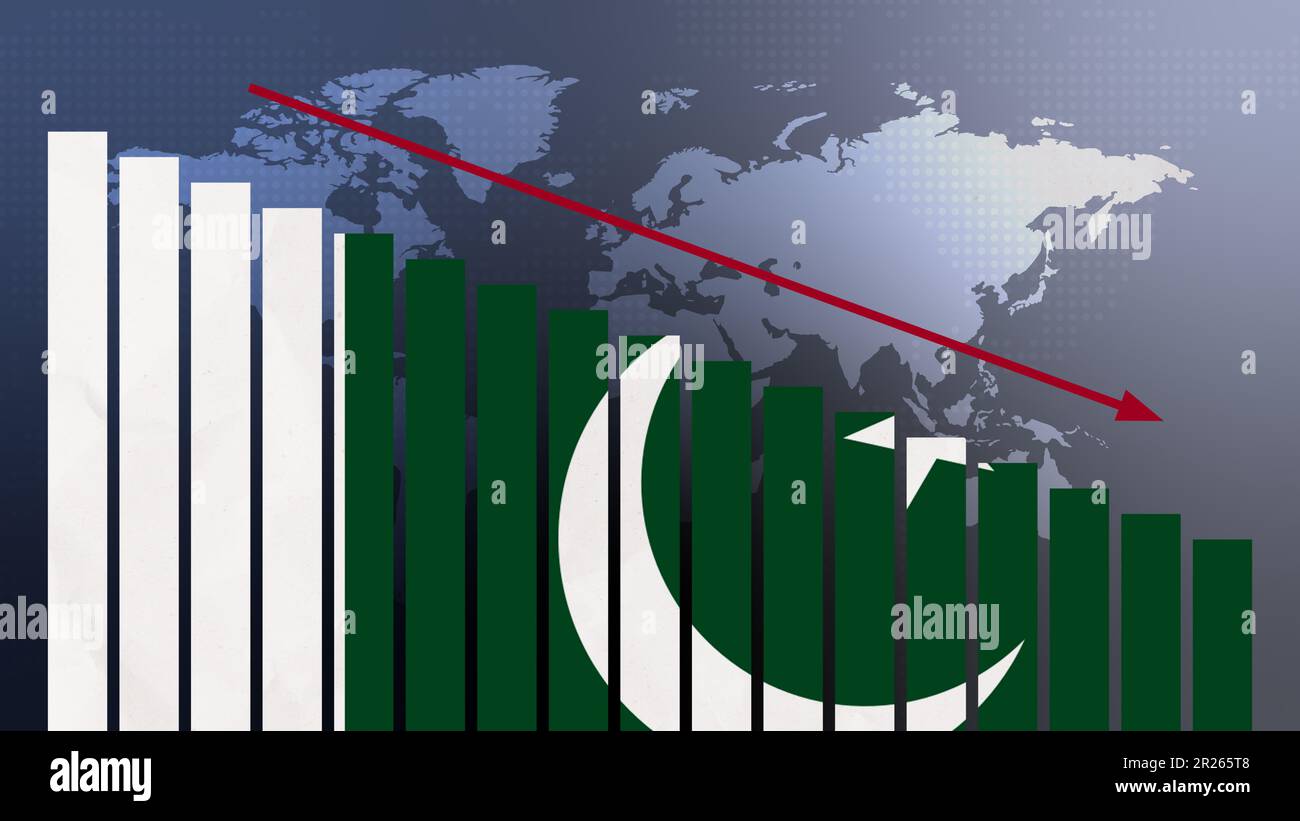 Pakistan drapeau sur le diagramme à barres concept avec valeurs décroissantes, concept de crise économique, conflits politiques, concept de guerre avec drapeau Banque D'Images