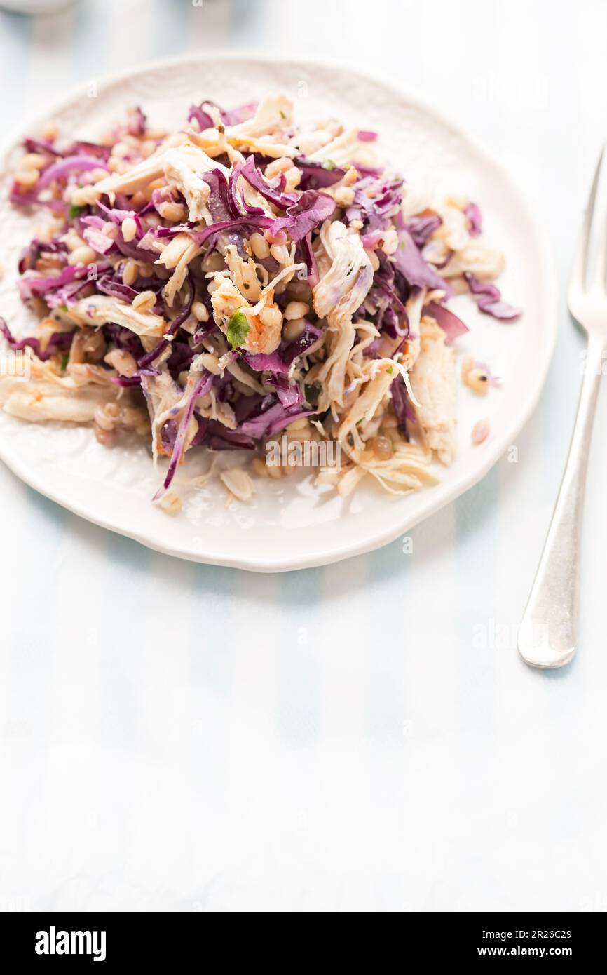 Salade d'orge perlé avec morceaux de poulet rôtis, chou rouge et vinaigrette au citron Banque D'Images