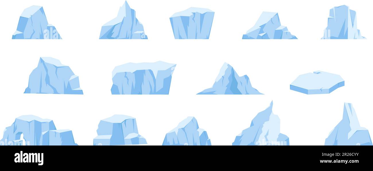 Icebergs de l'Antarctique, icebergs de la neige arctique. Glacier flottant, montagnes du pôle nord et rochers. Océan glacial fusion, nature gelée snlaid vecteur ensemble Illustration de Vecteur