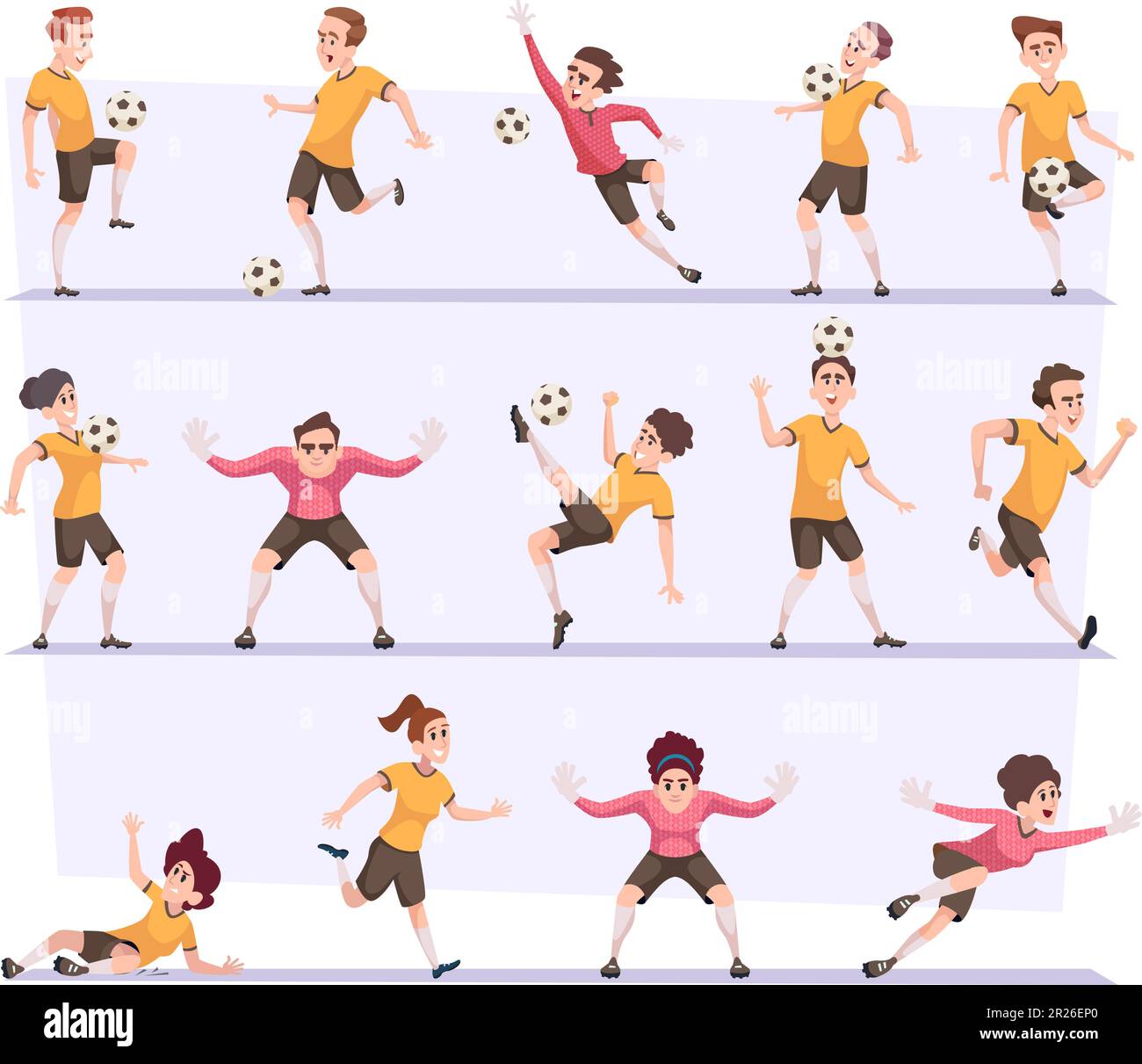Joueurs de football. Les personnages masculins et féminins de football en action posent avec des illustrations vectorielles exactes de balle Illustration de Vecteur