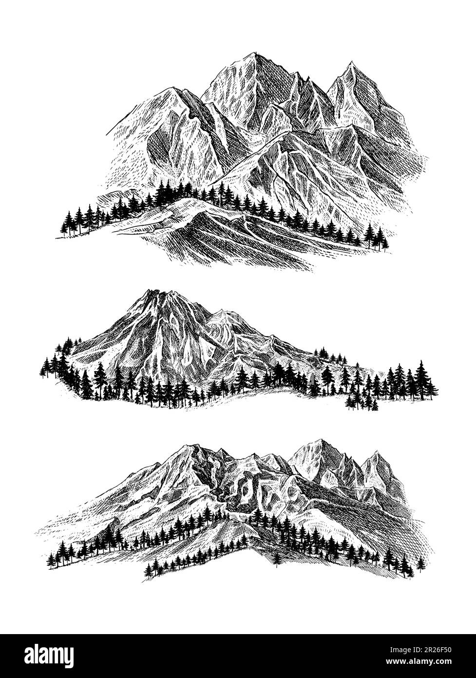 Montagne avec pins et paysage noir sur fond blanc. Pics rocheux dessinés à la main dans un style d'esquisse. Illustration vectorielle. Illustration de Vecteur