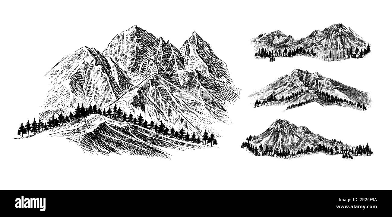 Montagne avec pins et paysage noir sur fond blanc. Pics rocheux dessinés à la main dans un style d'esquisse. Illustration vectorielle. Illustration de Vecteur