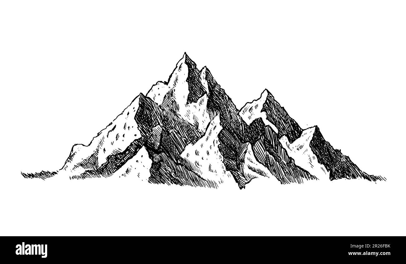 Montagne avec pins et paysage noir sur fond blanc. Pics rocheux dessinés à la main dans un style d'esquisse. Illustration vectorielle. Illustration de Vecteur