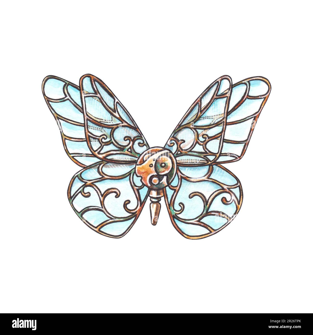 Robot de papillon steampunk avec ailes en verre isolées sur fond blanc. insecte mécanique. Illustration aquarelle dessinée à la main pour clipart Banque D'Images