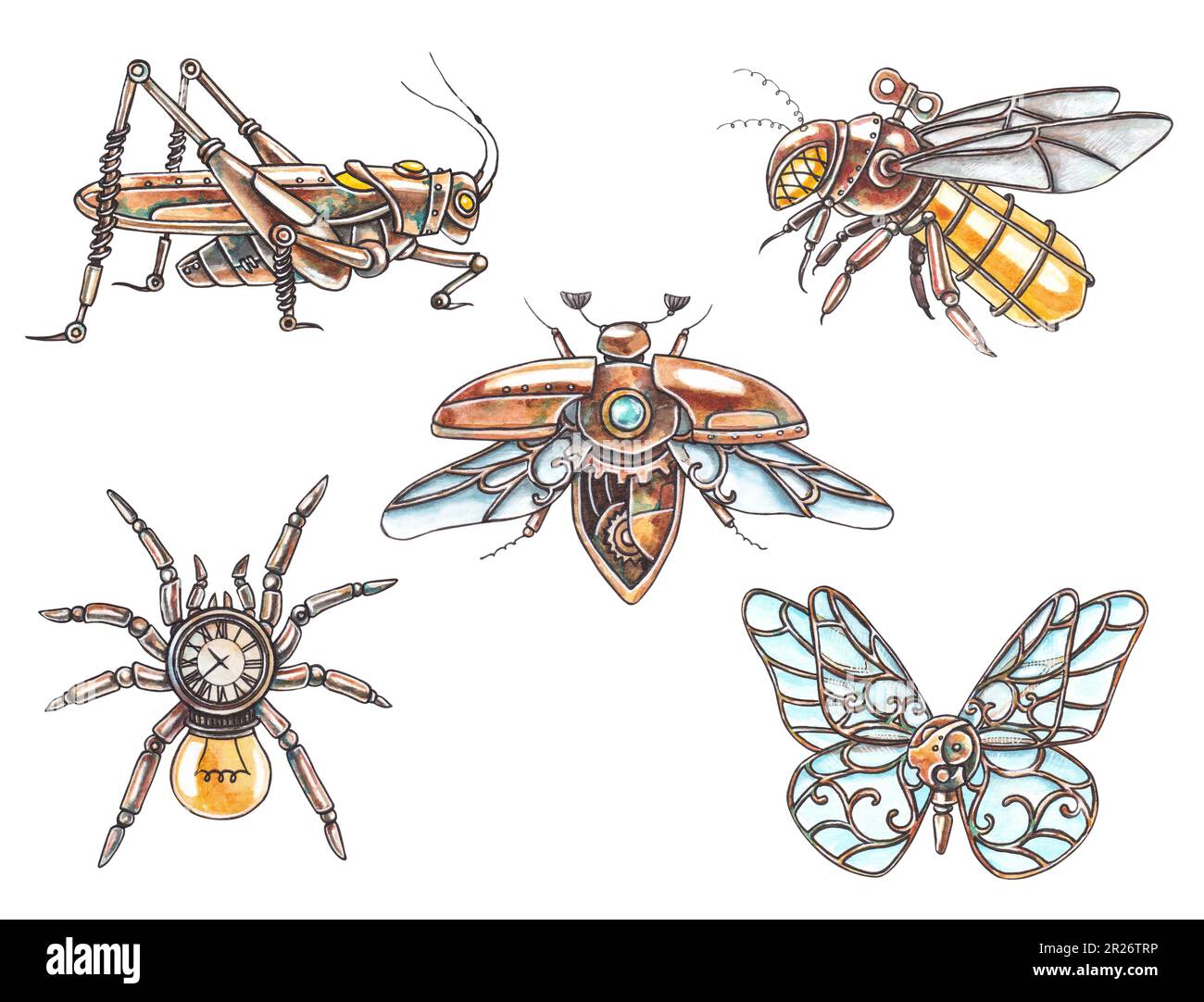 Ensemble d'insectes steampunk isolés sur fond blanc. Aquarelle illustration dessinée à la main de coléoptères mécaniques. Araignée, abeille, mouche, libellule, butterfl Banque D'Images