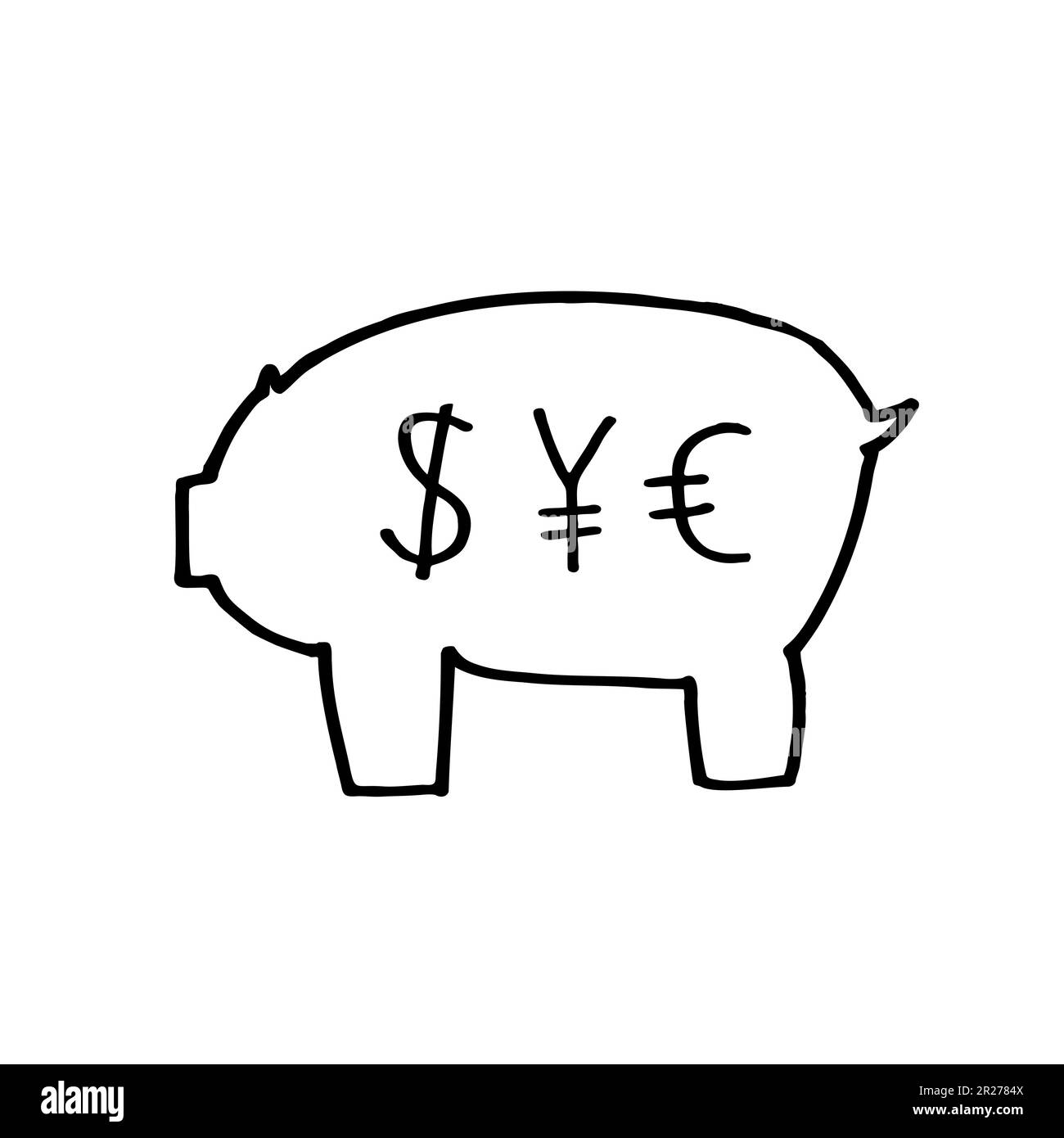 Piggy Bank avec symboles de devise, dollar euro et yen. Pictogramme de contour simple Doodle. Illustration vectorielle en noir et blanc dessinée à la main. Illustration de Vecteur