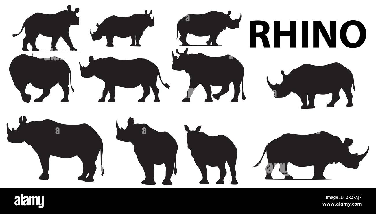 Une image en noir et blanc de l'ensemble de vecteurs de silhouette de rhinocéros. Illustration de Vecteur