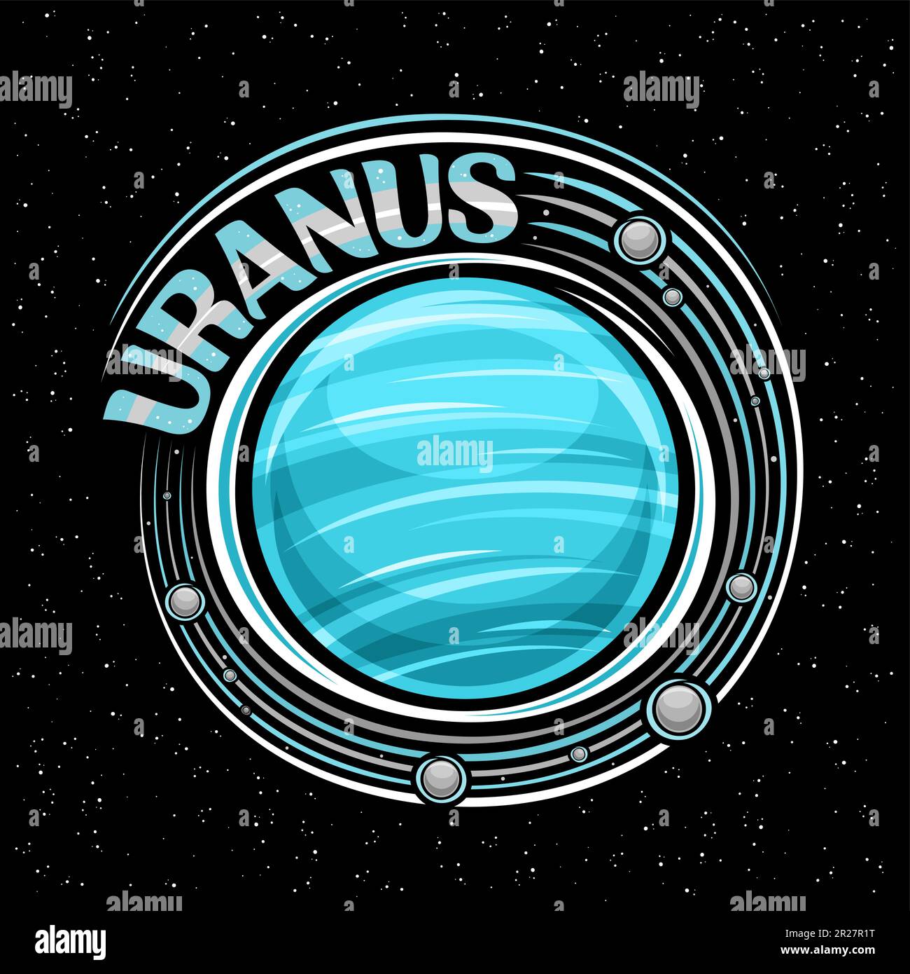 Logo vectoriel pour Uranus, imprimé fantaisie décoratif avec planète rotative uranus et de nombreuses lunes, surface venteuse de gaz, badge cosmo avec lettre unique de pinceau Illustration de Vecteur