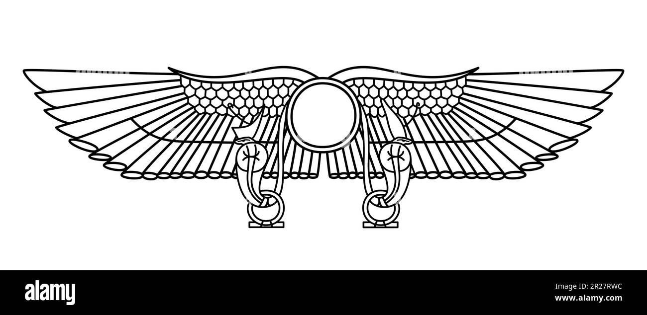 Soleil ailé de Thèbes. Symbole solaire de la divinité, de la royauté et du pouvoir dans l'Égypte ancienne, flanqué de chaque côté d'un uraeus, un cobra d'élevage. Banque D'Images