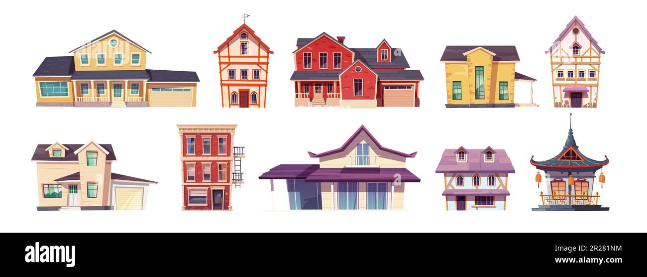 Ensemble de dessins animés de différents bâtiments isolés sur fond blanc. Illustration vectorielle de l'architecture américaine, européenne, asiatique, maison avec garage, temple chinois traditionnel, bloc de plats Illustration de Vecteur