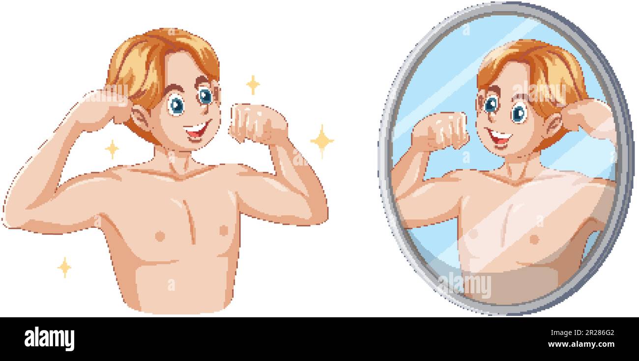 Puberty Boy Vérification des modifications physiques dans l'illustration miroir Illustration de Vecteur