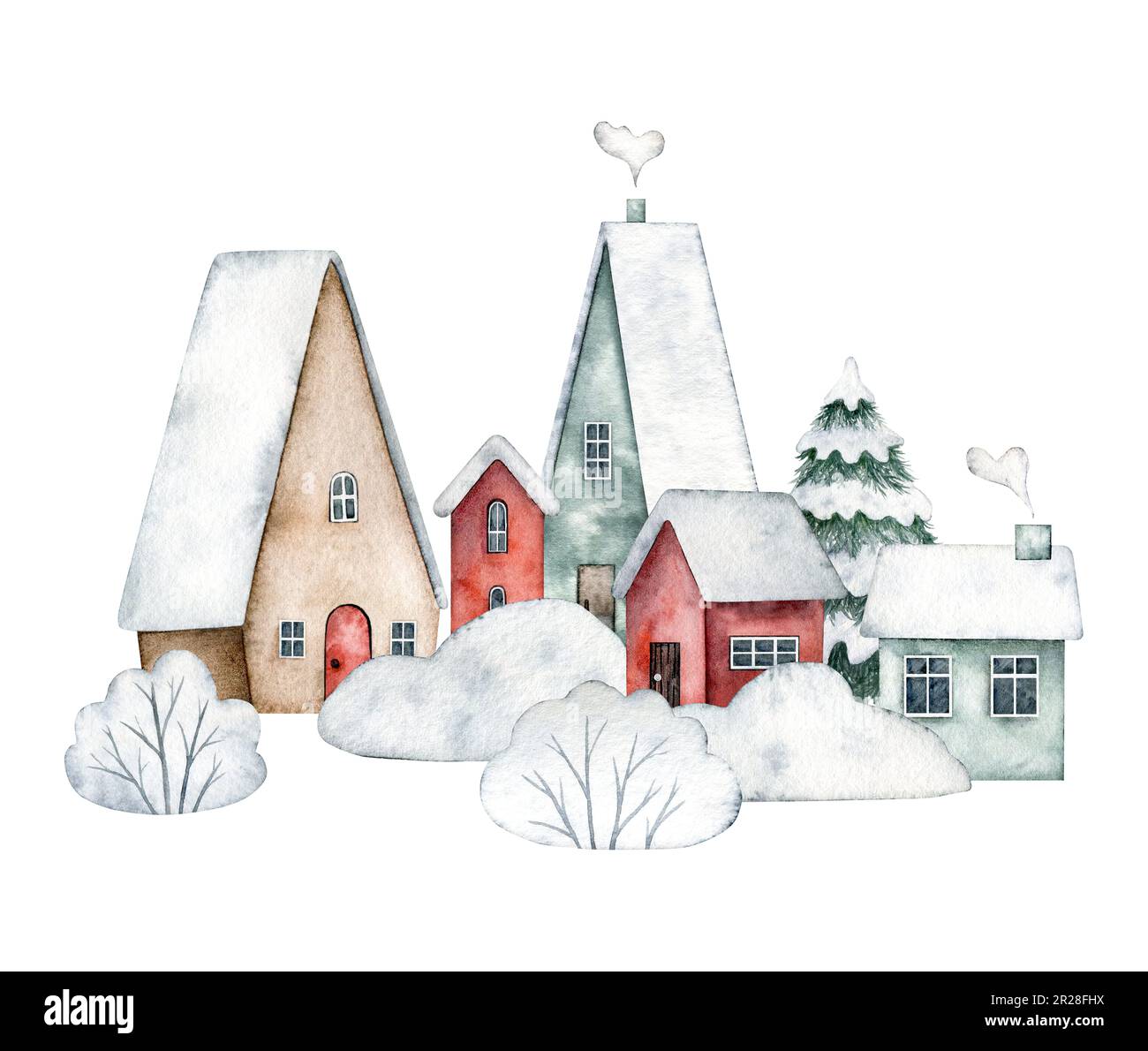 Illustration d'hiver rue enneigée avec de jolies maisons avec portes, fenêtres, cheminée, avec de la neige sur le toit et l'épicéa., buissons dans la neige, déneigeuses Banque D'Images