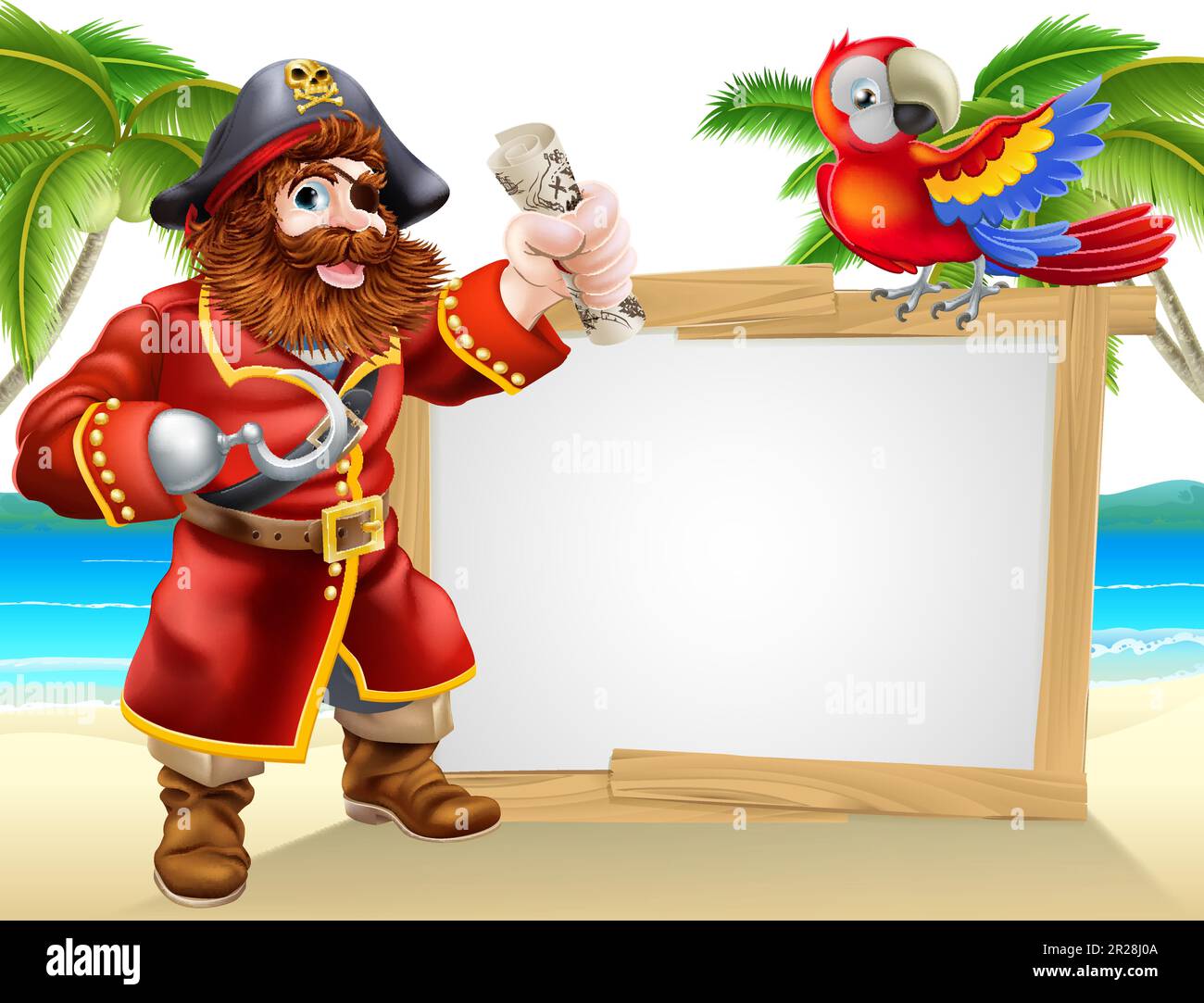 Cartoon Pirate Captain et Parrot Beach Background Illustration de Vecteur