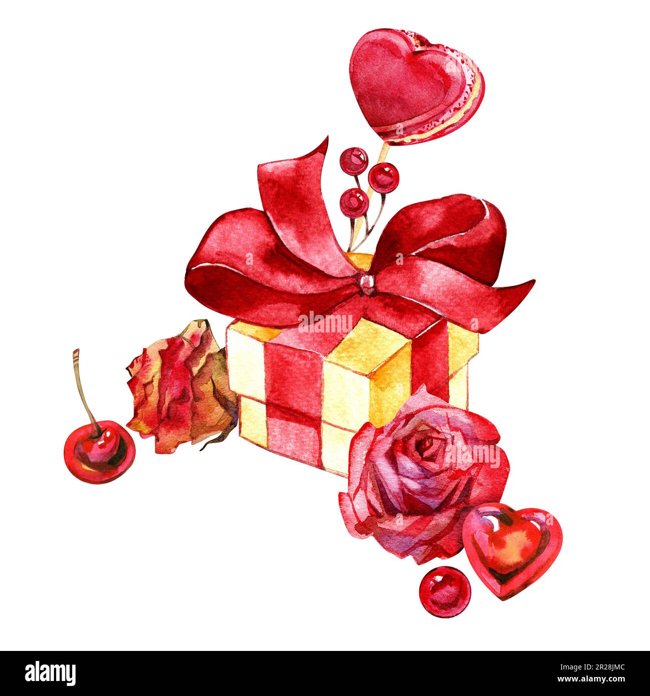 Aquarelle Saint-Valentin, motif floral fantaisie et bordure douce. Boho romantique beige et roses roses, coeurs, arcs, macarons, bonbons design. Symboles d'amour Banque D'Images