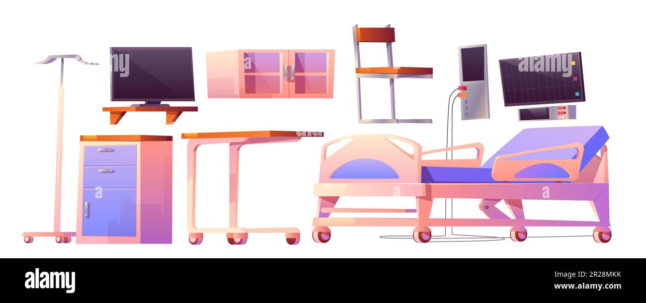 Intérieur de l'hôpital avec lit réglable, moniteur médical et compte-gouttes. Ensemble de mobilier de dessin animé vectoriel pour la salle dans la clinique, le lit, la table de nuit, la table et la tv isolé sur fond blanc Illustration de Vecteur