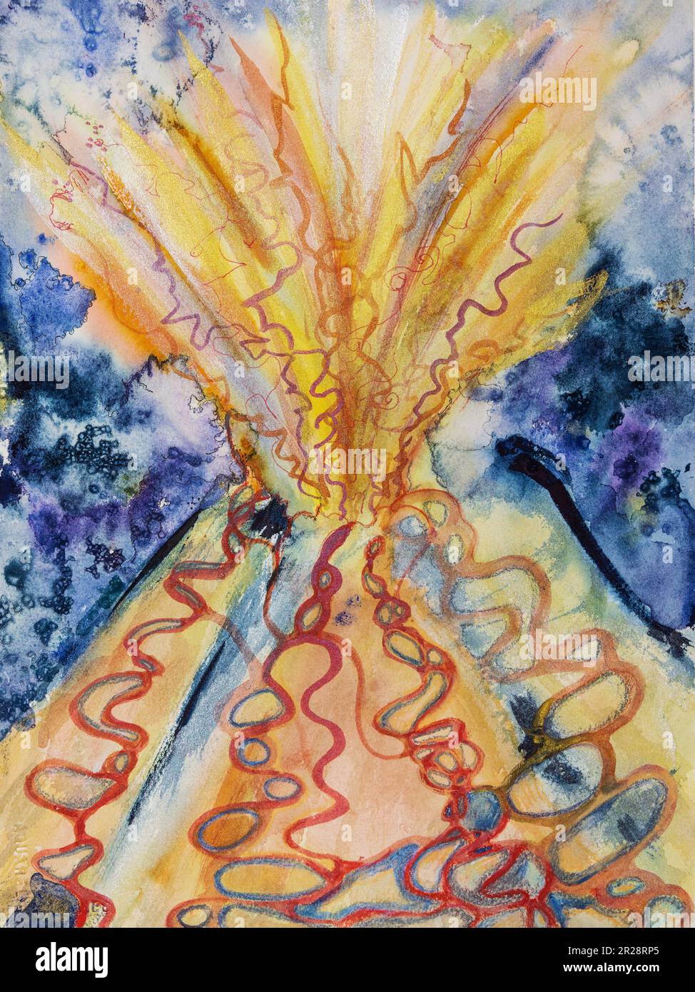 vulcano psychédélique explosion. La technique de tabouillage près des bords donne un effet de flou en raison de la rugosité de surface modifiée du papier. Banque D'Images