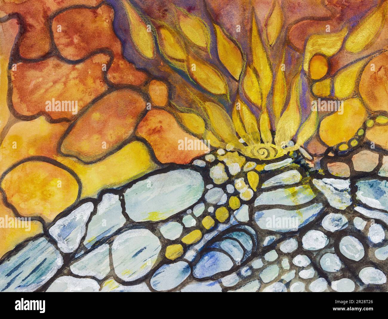 Volcan en éruption avec des flammes dorées. La technique de tabouillage près des bords donne un effet de flou en raison de la rugosité de surface modifiée du papier. Banque D'Images