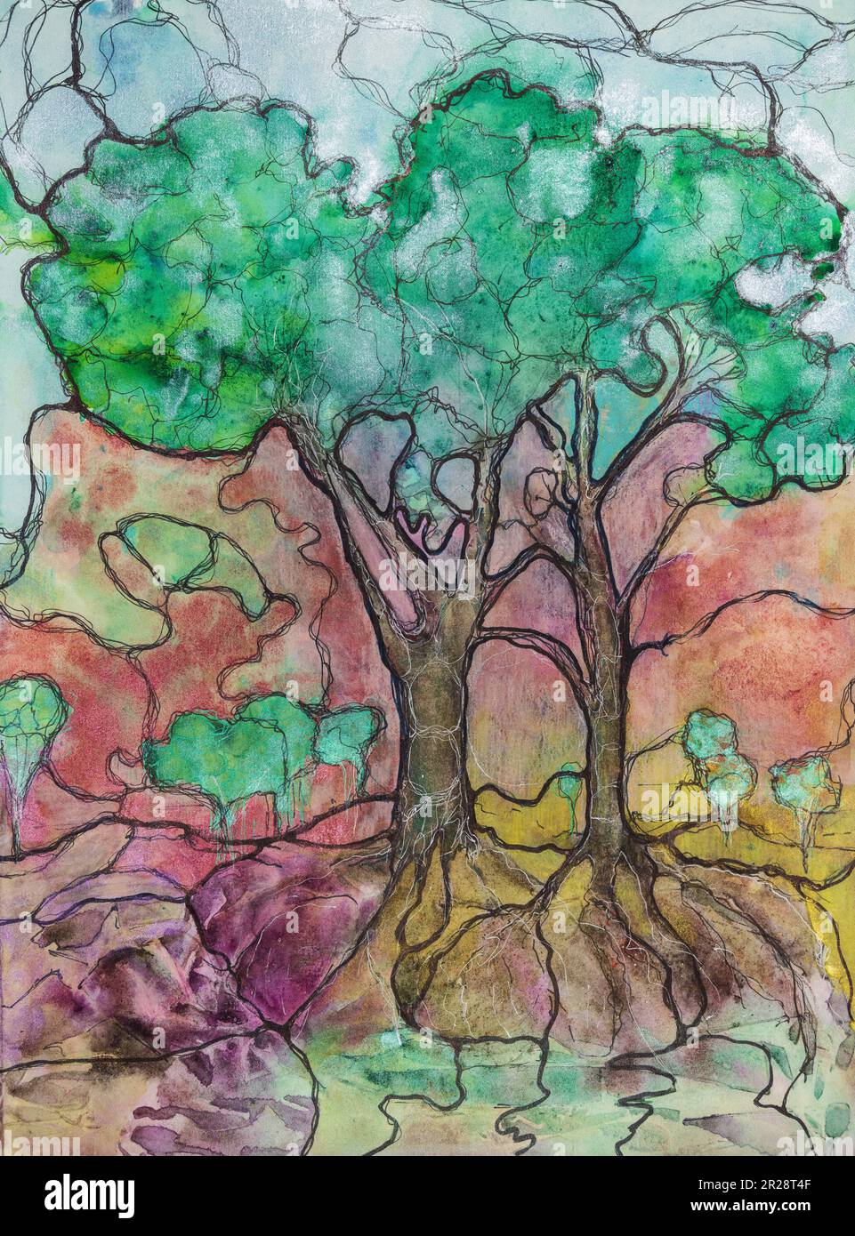 Comment les arbres sont connectés à tout. La technique de tabouillage près des bords donne un effet de flou en raison de la rugosité de surface modifiée de la bande Banque D'Images