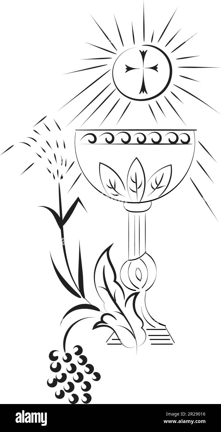 Jésus et l'illustration de l'Eucharistie. Eucharistie en Chalice avec raisins et blé pour impression ou utilisation comme affiche, carte, prospectus ou T-shirt Illustration de Vecteur
