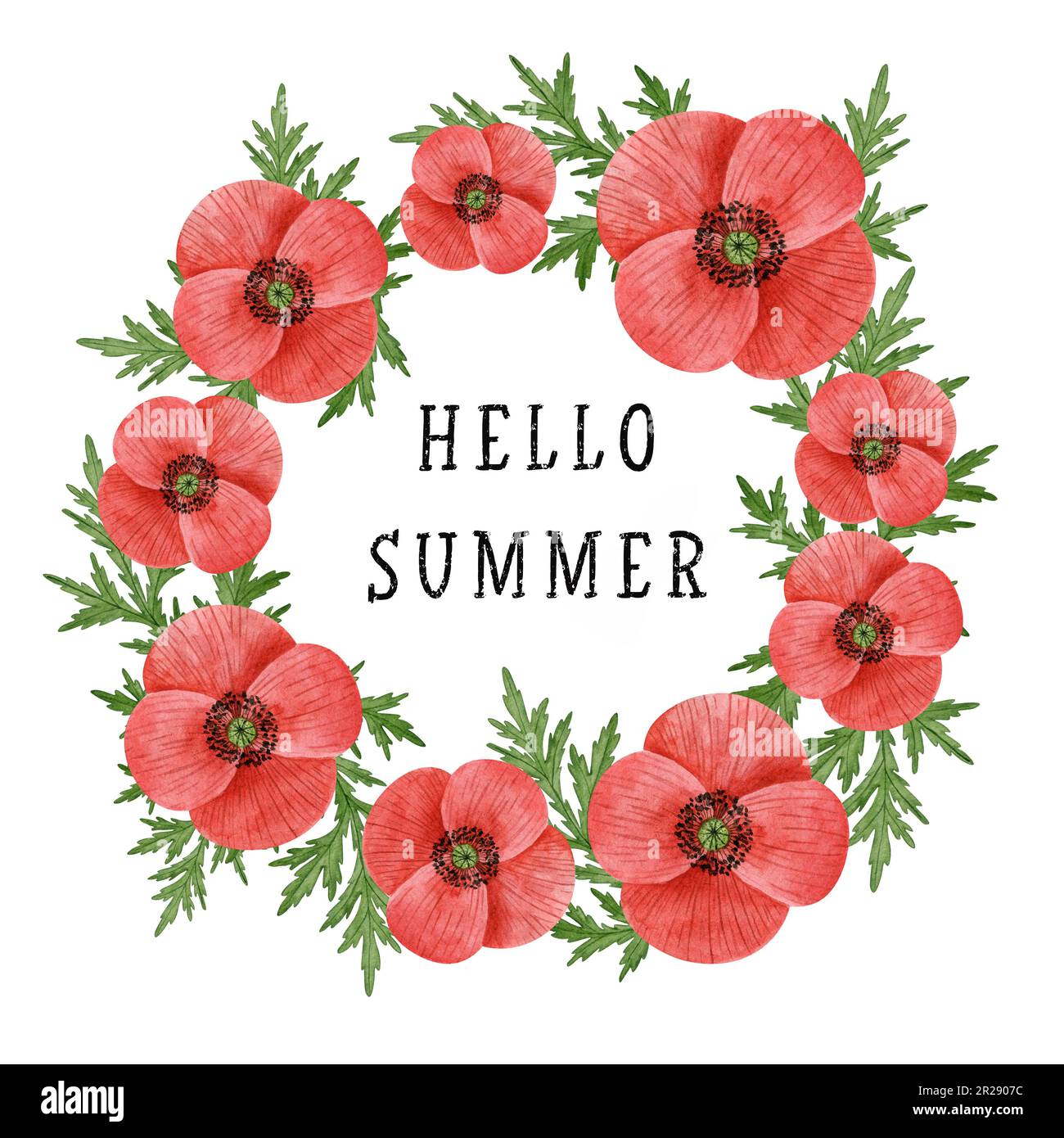 Carte d'aquarelle Hello Summer. Couronne de fleurs de pavot à aquarelle dessinée à la main. Banque D'Images