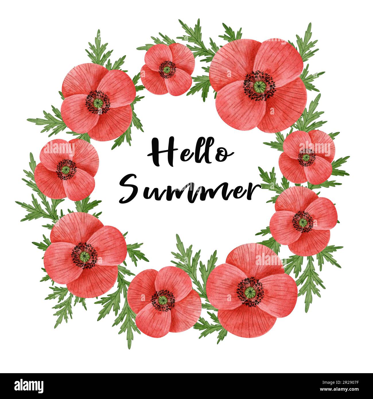 Carte d'aquarelle Hello Summer. Couronne de fleurs de pavot à aquarelle dessinée à la main. Banque D'Images