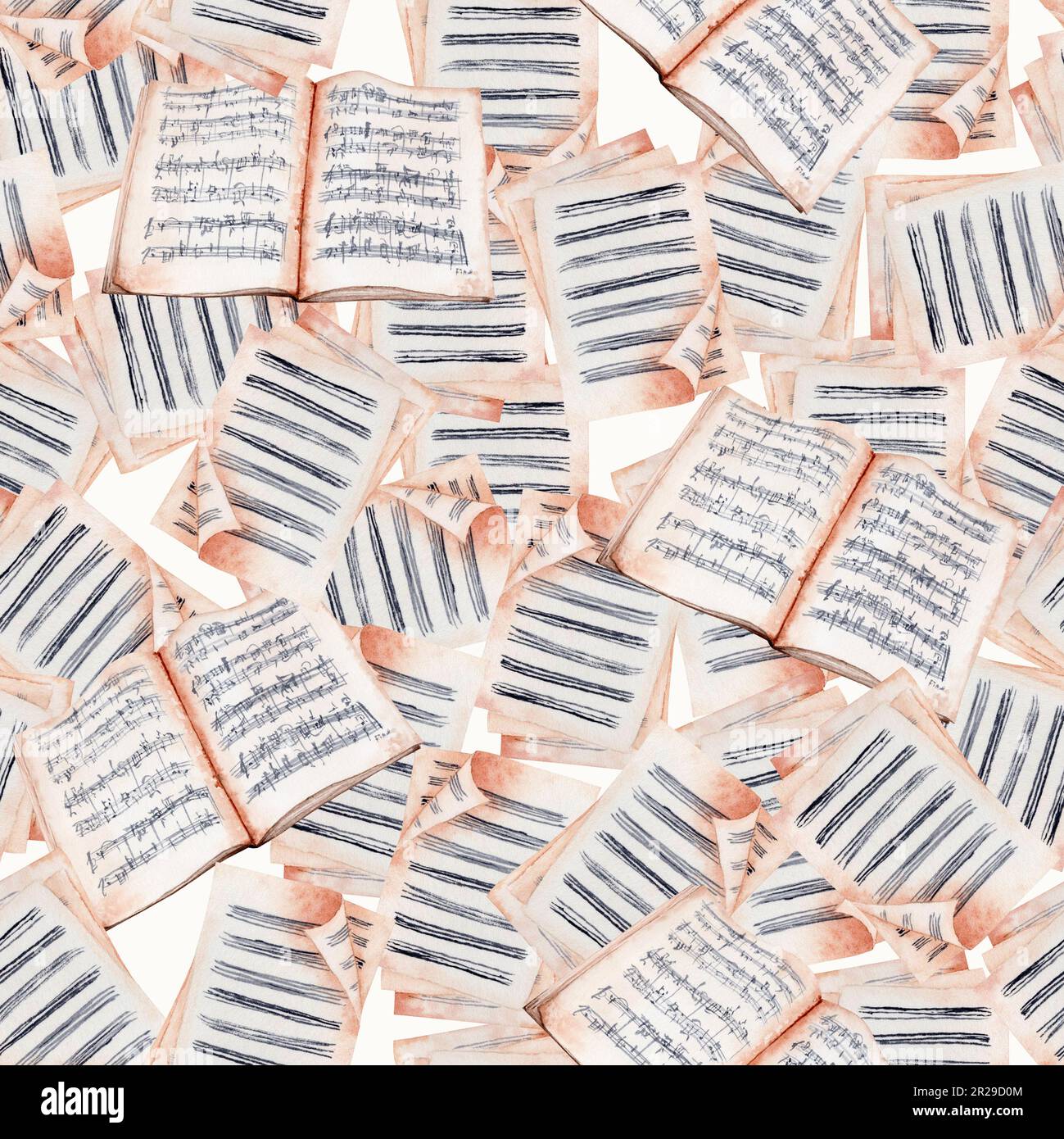 Motif transparent avec les anciens livres et les pages de musique en feuille. Arrière-plan vintage. Illustration aquarelle dessinée à la main sur fond ivoire clair. Banque D'Images