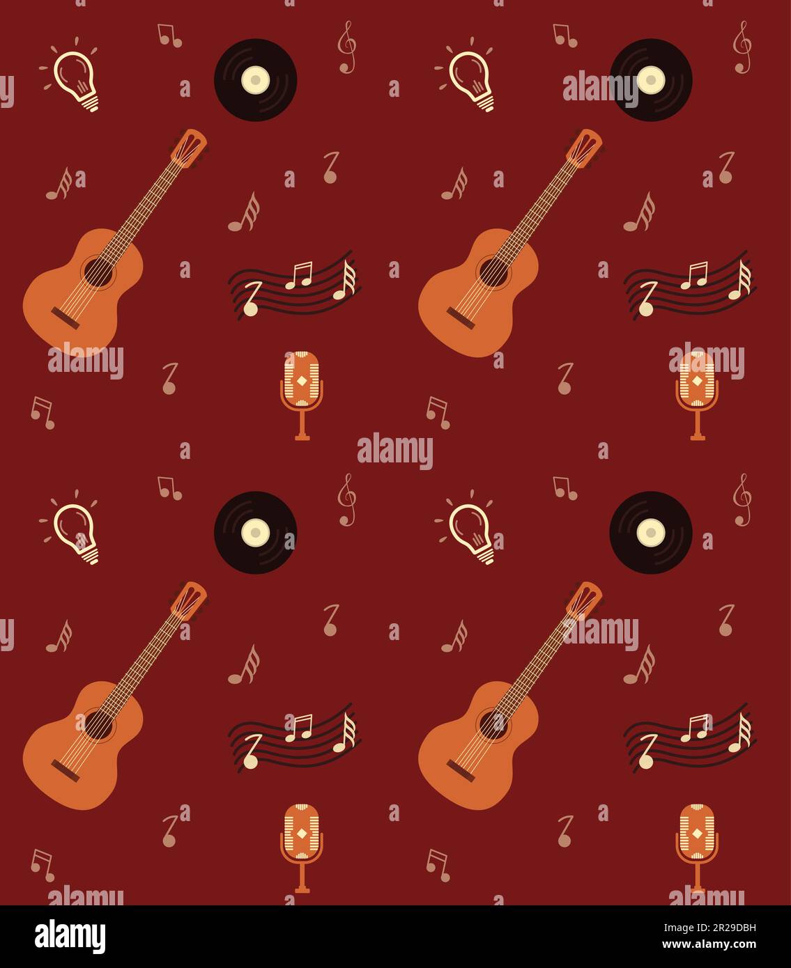 Modèle de musique sans couture, notes de guitare, enregistrement de vinyle,  style rétro, fond rouge Image Vectorielle Stock - Alamy