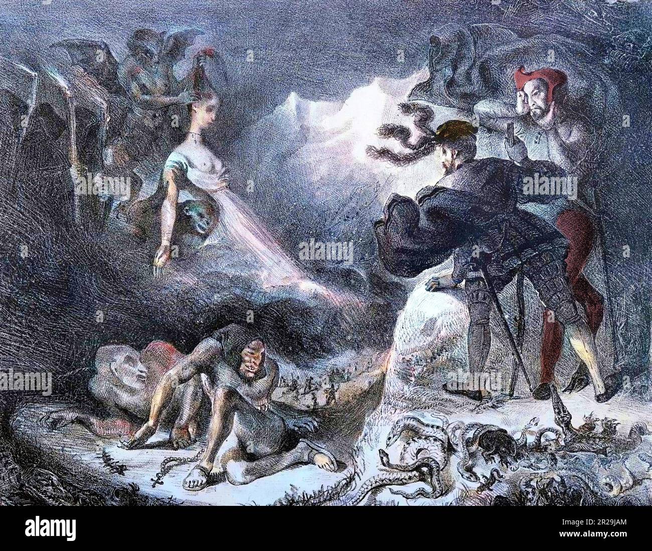 Faust et Mephistopheles (Mephisto) sont au sabbat, l'assemblée des forces infernales où les reptiles du groupe, les batraciens et les créatures grimaçantes. L'ombre de Marguerite apparaît à Faust - Faust tragedie de M. de Goethe, traditionite en francais par M. Albert StapferIllustration d'Eugene Delacroix (colorie ultérieuration) chez C. Motte et Sautelet (Paris), 1828 Banque D'Images