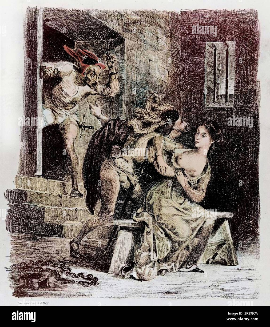 Faust dans la prison de Marguerite - Faust tragedie de M. de Goethe, traditionite en francais par M. Albert Stapfer Illustration d'Eugene Delacroix (colorie ultérieurement) chez C. Motte et Sautelet (Paris), 1828 Banque D'Images