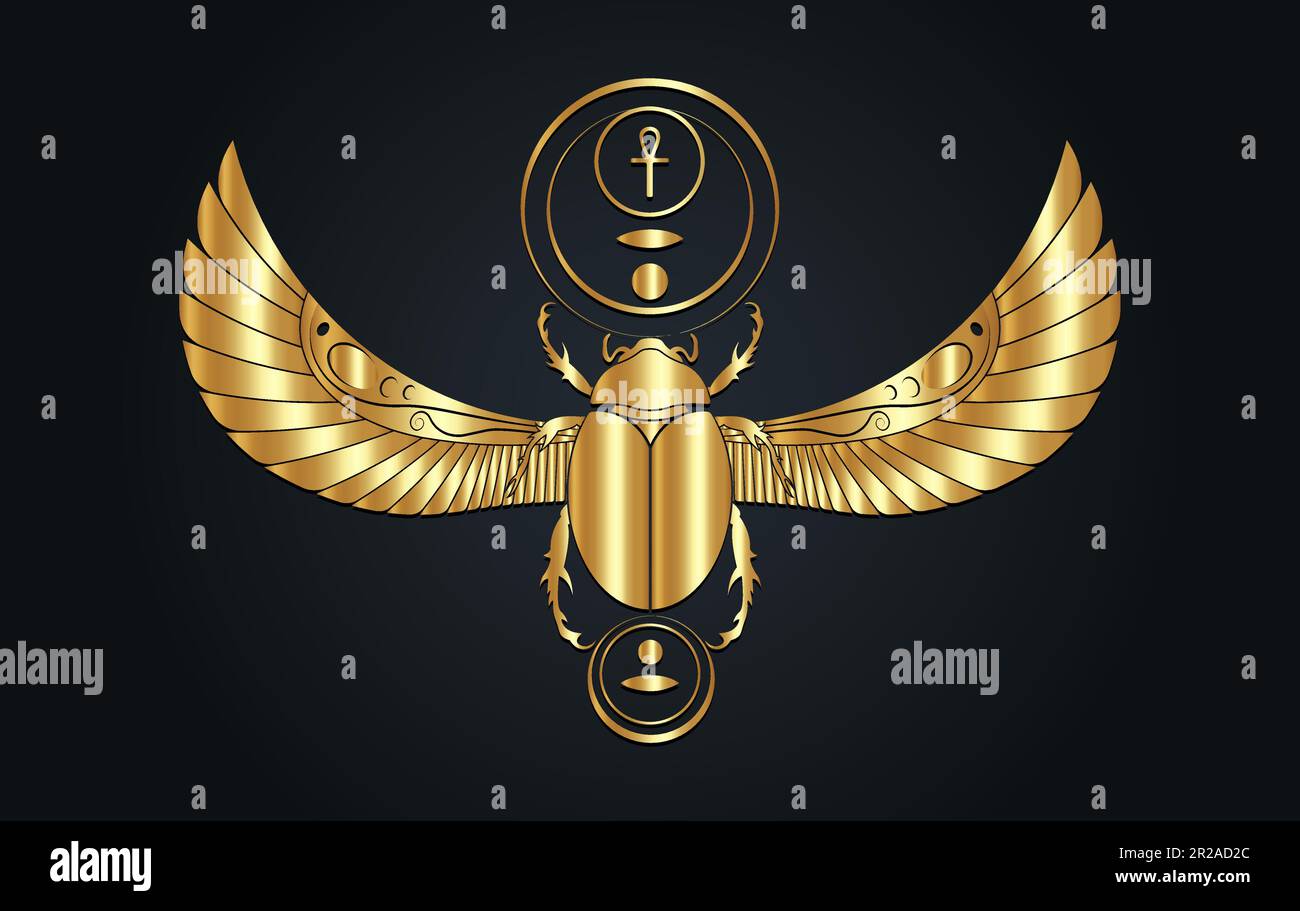 Décoration murale Scarab dorée et égyptienne sacrée. Coléoptère avec ailes. Illustration vectorielle logo doré, personnifiant le dieu Khepri. Symbole de luxe Illustration de Vecteur