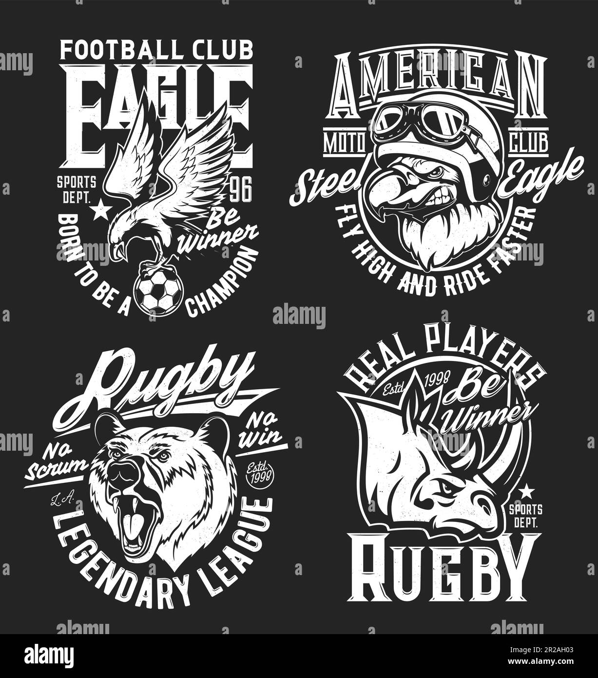 Mascottes d'ours, de rhinocéros et d'aigle et imprimés de t-shirts pour les clubs de sport, badges vectoriels. Les joueurs de rugby et l'équipe de football de ligue ou le moto mokers club de t-shirt imprimés avec l'ours mascotte, le rhinocéros et l'aigle Illustration de Vecteur