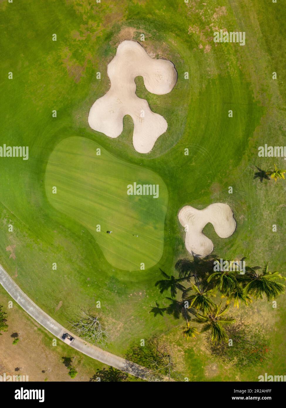 Photographie aérienne d'un parcours de golf par une journée ensoleillée. - photo de stock Banque D'Images